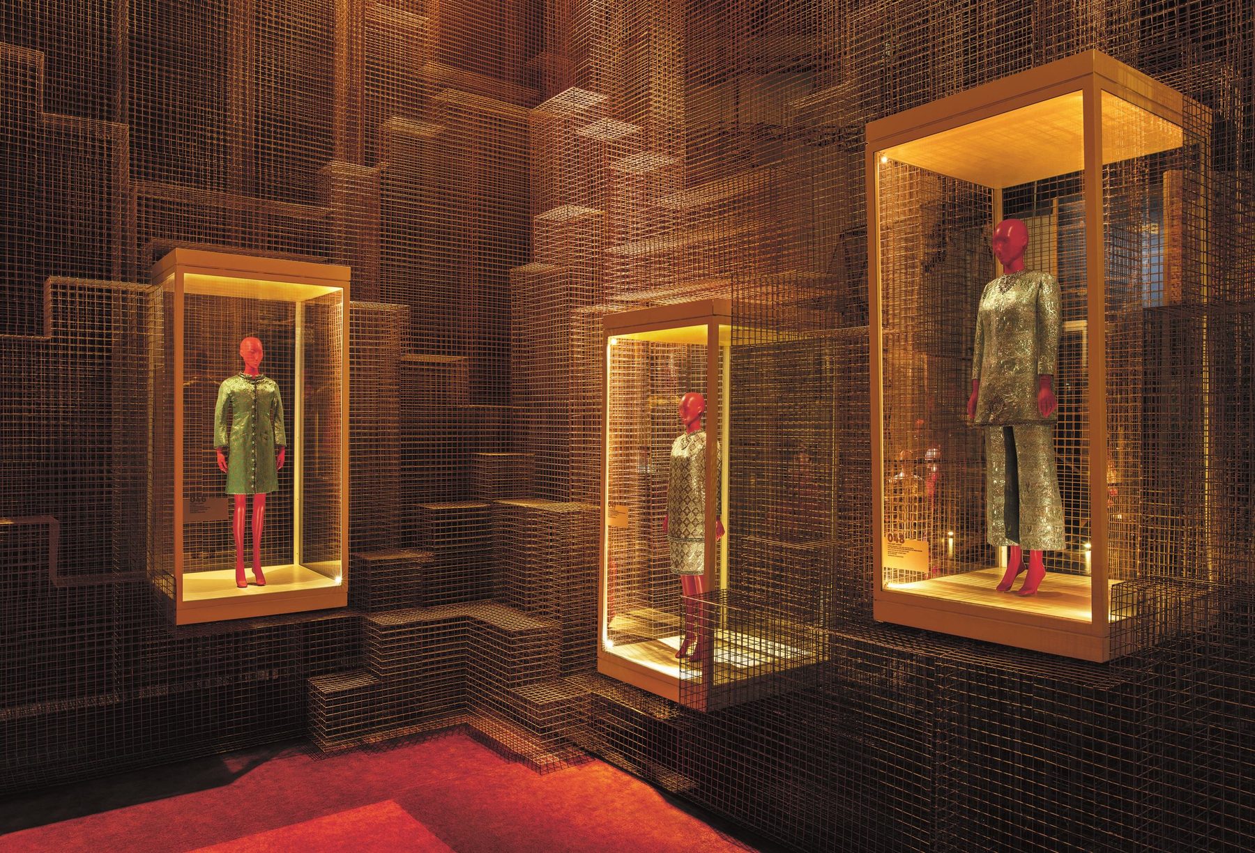Illuminated wire-mesh vitrines with mannequins, India in Fashion exhibit